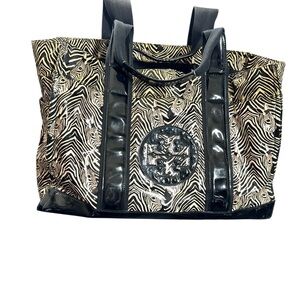 Tory Burch Black and White Zebra-Print Patent Tote